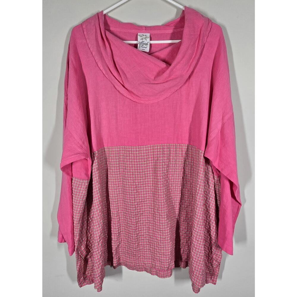 Match Point Womens Checkered Linen Cowl Neck Tunic Top Coral Pink XL Made in USA